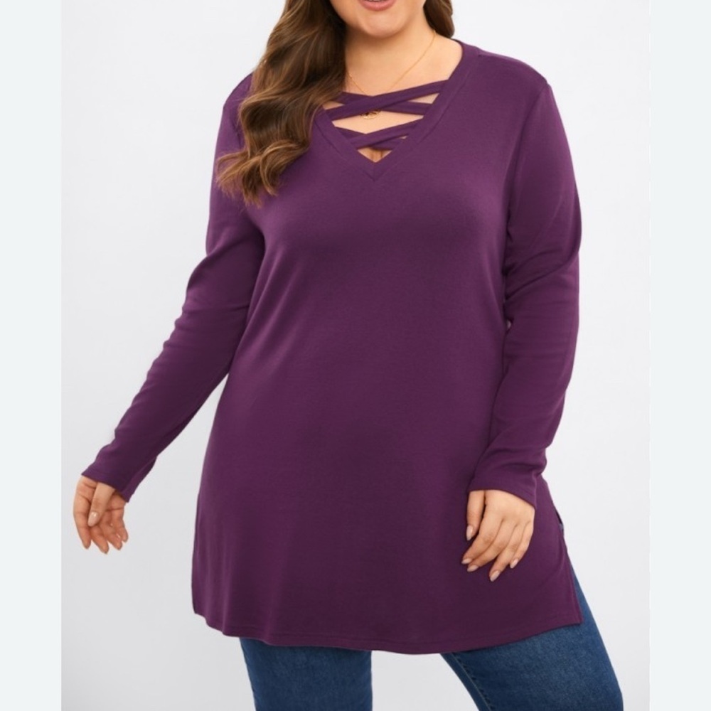 Lane Bryant Plum Criss Cross Chest V Neck Ribbed Lightweight Blouse Top Sz 14/16